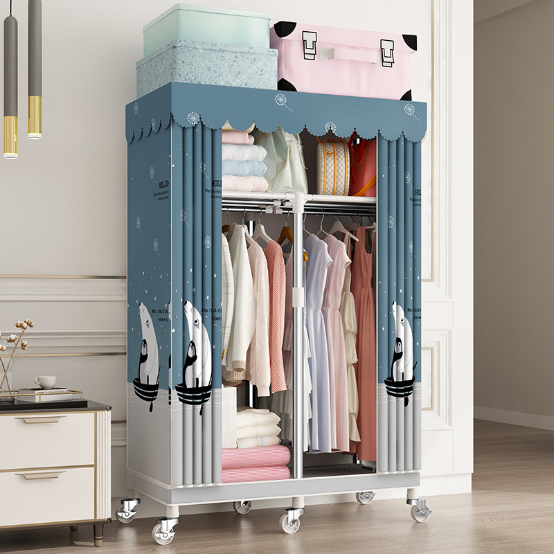 Cremallera completamente cerrado armario de tela simple tubo de acero reforzado en negrita espesado marco de acero completo gabinete de tela de almacenamiento en casa con ruedas