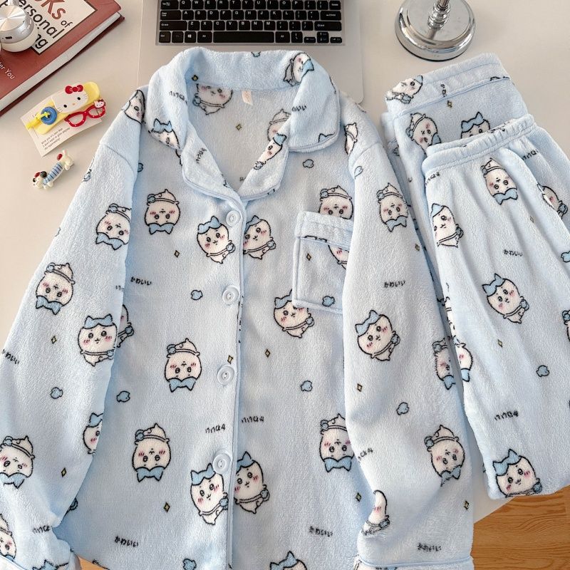 Invierno al por mayor transfronterizo cardigans de caricatura de coral felan pijamas de mangas largas pantalones largos set de ropa para el hogar