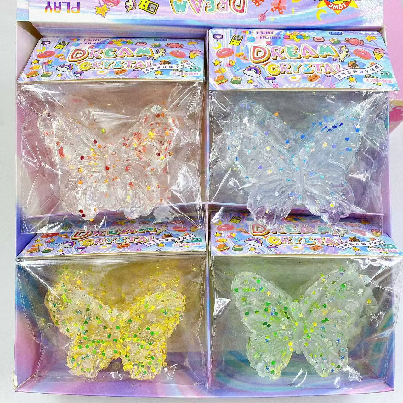 Игрушка большое мультяшное слайм «Бабочка» DIY антистресс (прозрачный с блёстками), набор 20 коробок