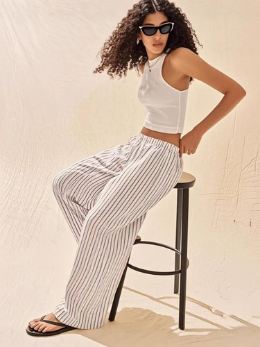 2025 European and American Cross-Border Spring/Summer New Women's Striped Cropped Casual Loose Printed Pocket Pants—Fashionable for Women