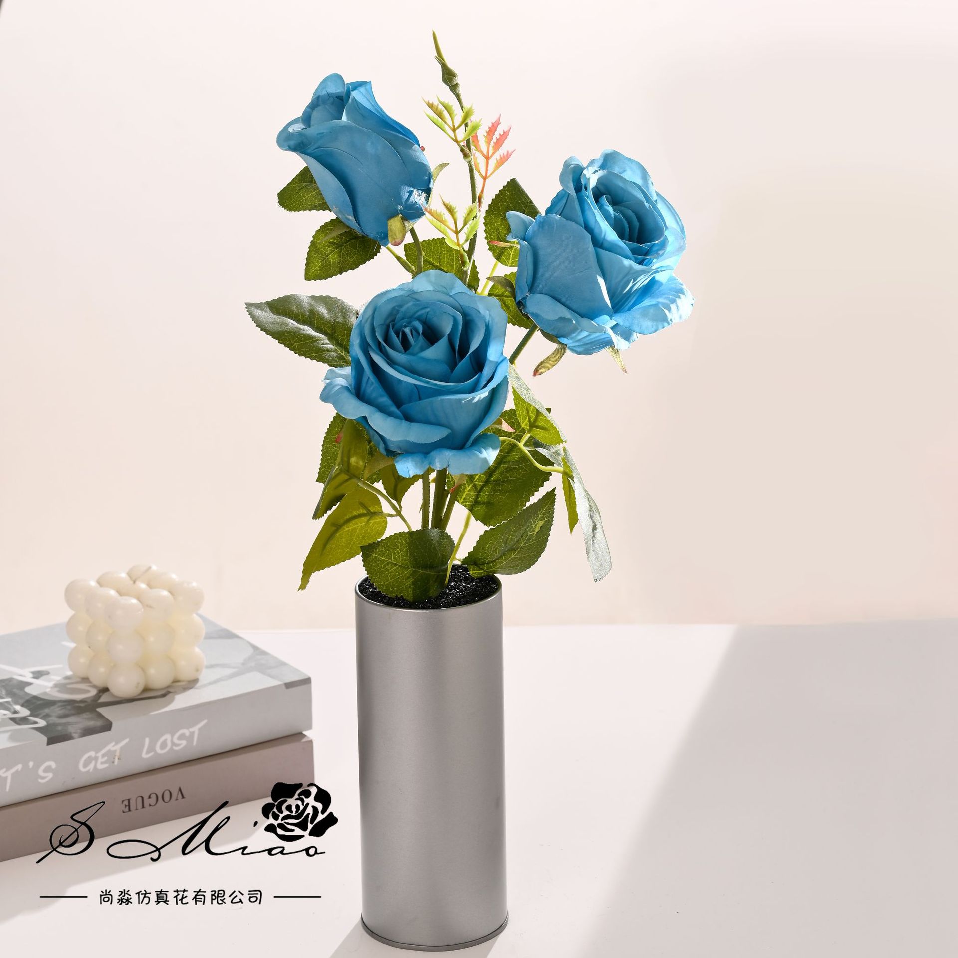 Flores simuladas de tres cabezas de rosa pequeña decoración creativa bonsai fábrica de decoración directa para plantas verdes artificiales falsas macetas simuladas