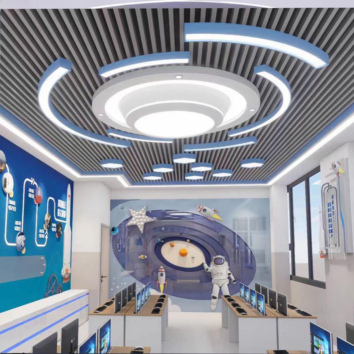 Salón de exposiciones del museo de ciencia y tecnología personalizado, sala de conferencias de laboratorio de escuela, sala de exposiciones de AI, oficina, luz de forma especial de ciencia y tecnología creativa