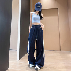 デザインされたコントラストストライプステッチワイドレッグパンツ女性の夏薄いルーズハイウエストストレートドレープカジュアルスポーツパンツ