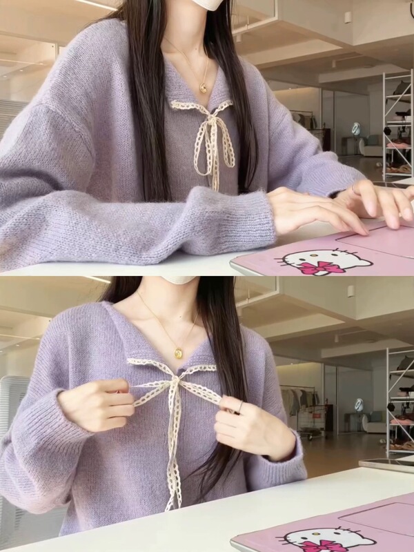 韩系甜美风软糯蝴蝶结蕾丝系带领毛衣开衫女秋冬款高级感软糯小衫|undefined