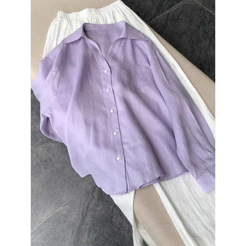 Chao Level Recommendation! Light Purple V Neck Linen Shirt Women's Summer New Polo Collar Loose Sun Protection Shirt Top