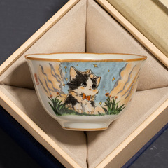 汝窯可愛猫葵口茶杯主人杯陶磁器個人専用品茗杯開片氷裂釉茶杯