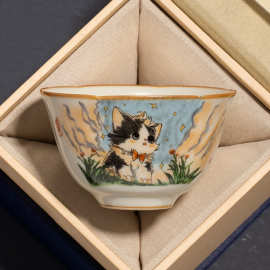 汝窑可爱猫葵口茶杯主人杯陶瓷个人专用品茗杯开片冰裂釉茶盏