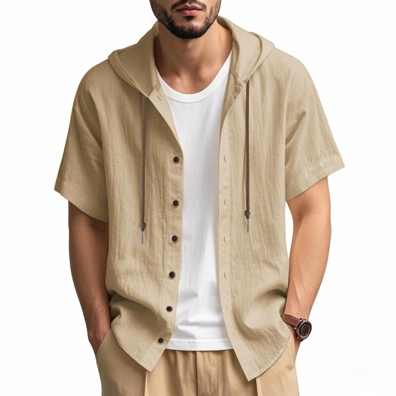 2026 Foreign Trade Summer Men's Fashion Shirt with Drawstring, Trendy Button-Up Versatile Hooded Loose Short-Sleeve Top Wholesale