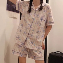 韓版ins睡衣女夏季短袖星黛露開衫東南亞少女跨境大碼家居服套裝