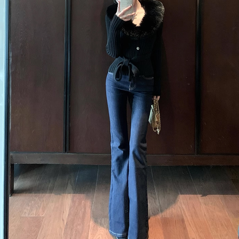 YueJuXing [City Model Flared Pants] Jeans Women's Autumn and Winter Retro Stretch High Waist Hip Trousers