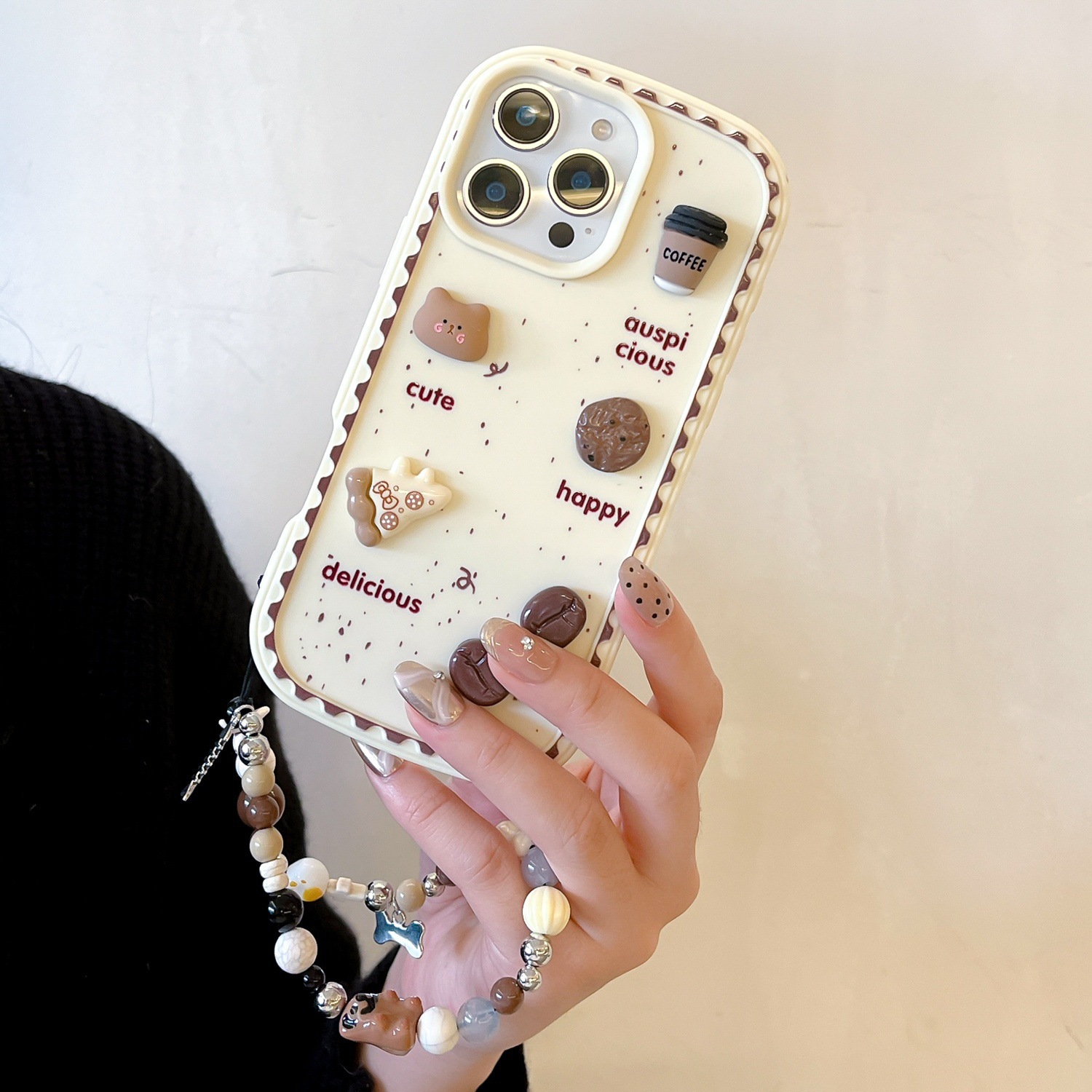 Oso de galleta tridimensional con salpicaduras de tinta estilo ins para iPhone 16/15ProMax funda para teléfono móvil 13 cadena Apple 14