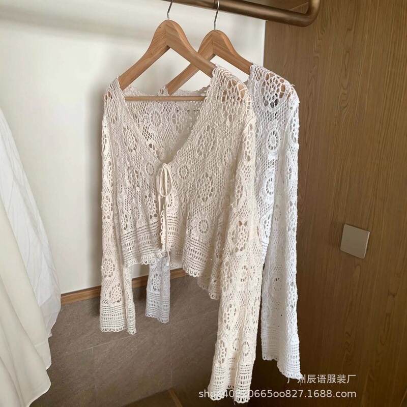 Crochet Hollow-Out Knit Sun-Protective Cardigan for Women, Spring and Summer Bohemian Seaside Vacation Style Outerwear Shawl Cover-Up Top
