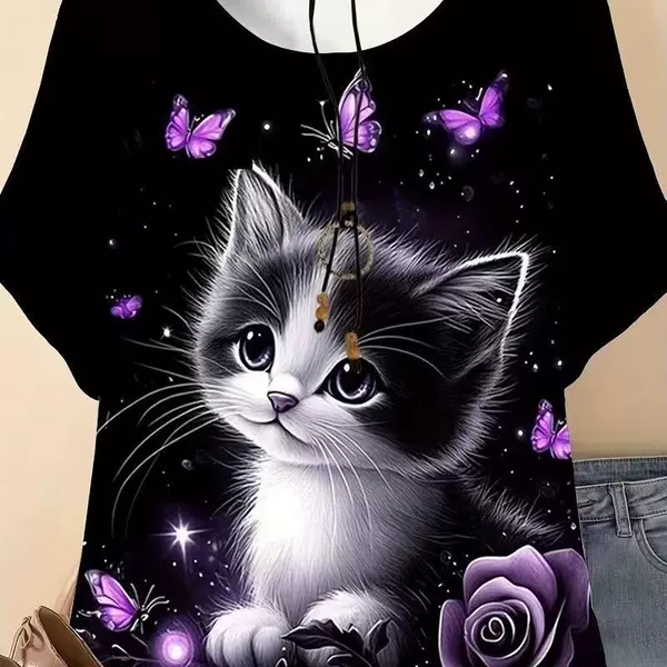 Cross-Border 3D Digital Printing Round Neck Short-Sleeved Cute Cat Summer Hot-Selling Casual Comfortable Breathable Top T-Shirt