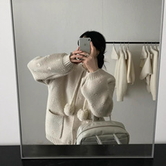 韩系复古风毛球飘带粗针设计感毛衣女秋冬新款宽松百搭显瘦上衣
