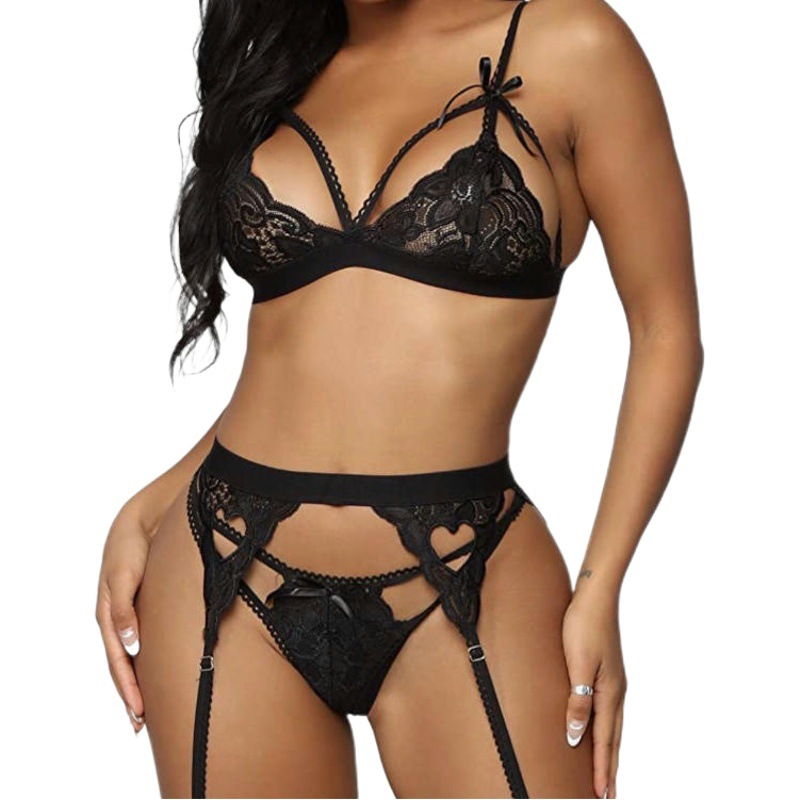 Europa y América sexy profunda V cadera-expuesto melocotón corazón medias de tres piezas conjunto de lencería sexy AliExpress Amazon lencería sexy