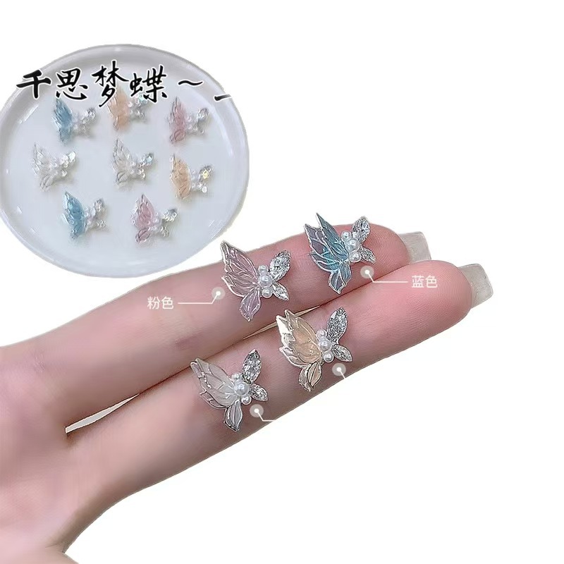새로운 Qiansi Mengdie 합금 지르콘 네일 아트 다이아몬드 장식품 3 차원 더블 레이어 플래시 얇은 날개 나비 날개 보석