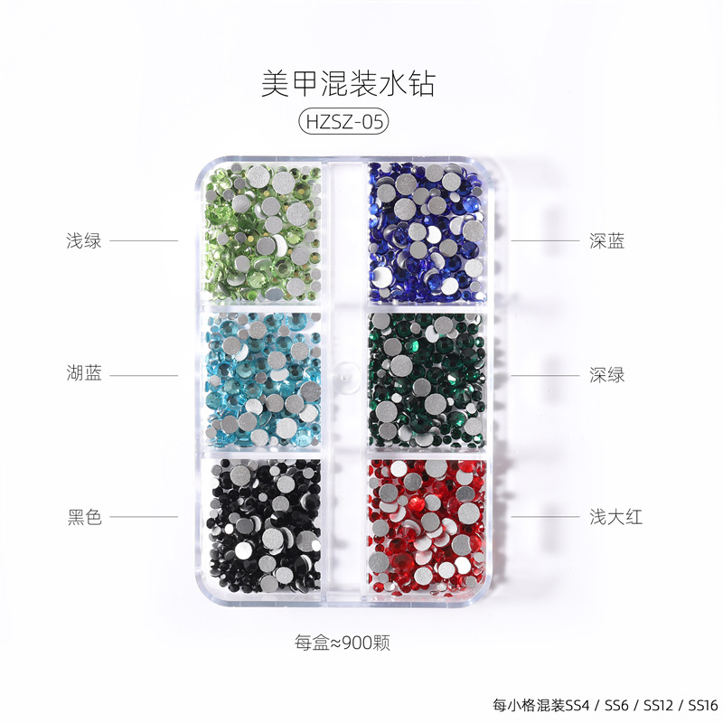 Cross-border exclusivo 6-grid tamaño mixto de uñas joyas de diamantes planos color mágico transparente AB caja de uñas rhinestone al por mayor