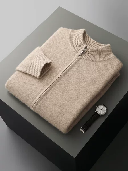 2025 Cross-Border European Size Men's 100 Wool Cardigan Double-Strand Thickeneded Stand-Up Collar Versatile Long-Sleeved Casual Knitted Cardigan