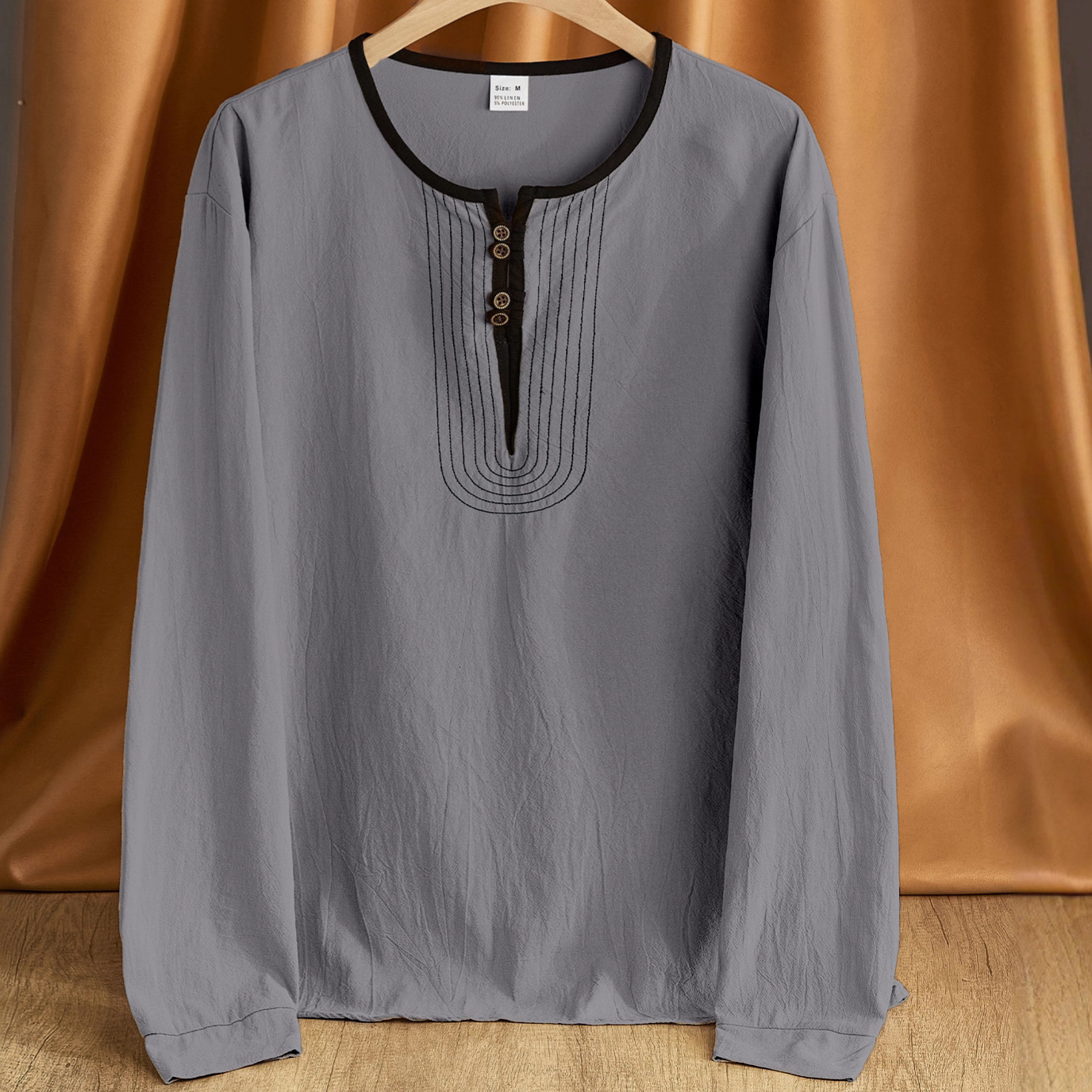 Transfronterizos estadounidenses pesados retro algodón y lino casuales de manga larga nuevo año temu nuevo estilo europeo y americano lino de moda camisa Henry