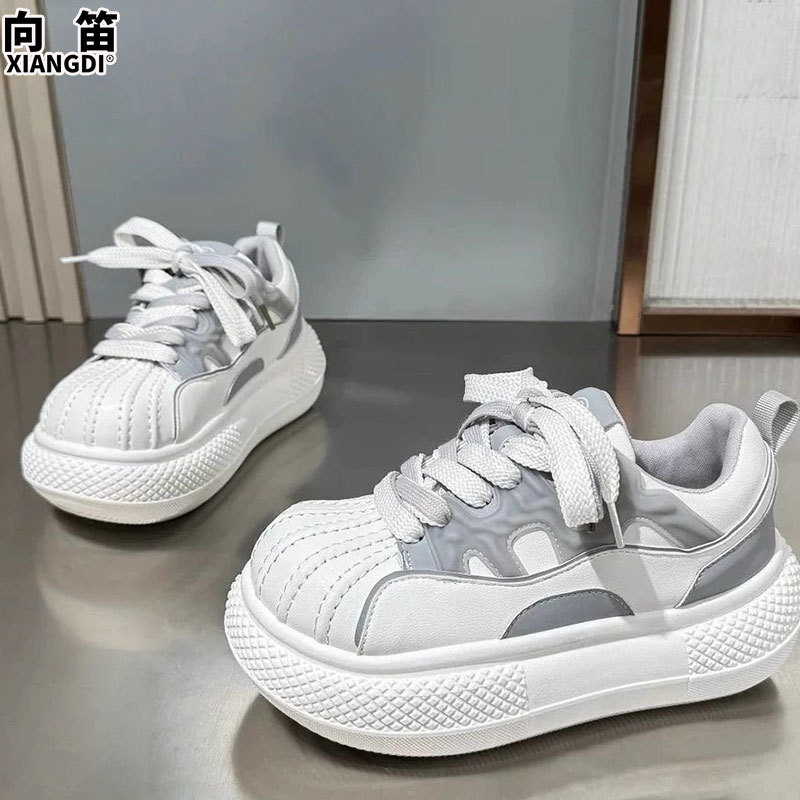 Genuine Leather Thick-Soled Height-Increasing Women's Shoes, White Sneakers, 2026 Spring New Casual Sports Shoes, Shell-Toe Board Shoes, Large-Toe Shoes