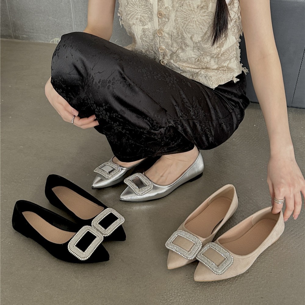 Uva mamá primavera nuevo drama coreano propietario femenino ~ exquisita hebilla de diamante brillante elegante pequeño puntiagudo zapatos planos de corte bajo para las mujeres