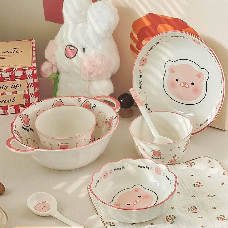 Ceramic tableware set, cute pig design, bowls and spoons, multiple set configurations