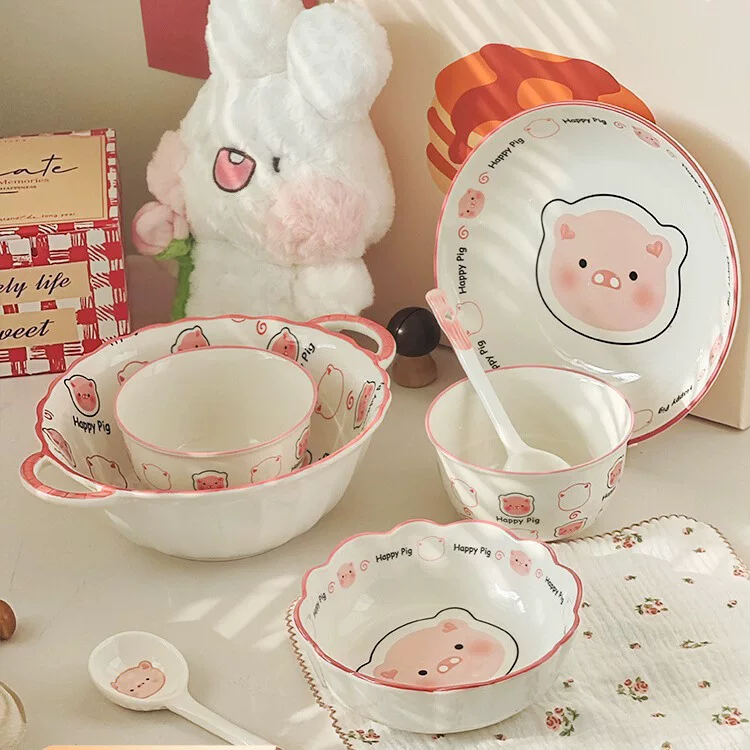 Ceramic tableware set, cute pig design, bowls and spoons, multiple set configurations