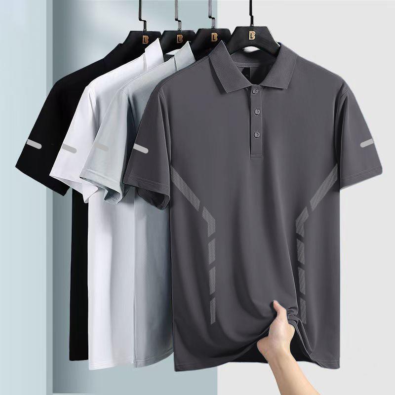 Polo de seda de hielo de verano para hombre, solapa, manga corta, cuello de polo de color sólido de negocios, manga corta, cómoda, versátil, transpirable