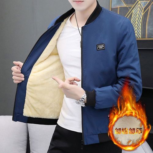 Autumn/Winter Fleece Lined Thick Men's Jacket Youth Slim Fit Casual Trendy Stand Collar Jacket Wai Yu Kang