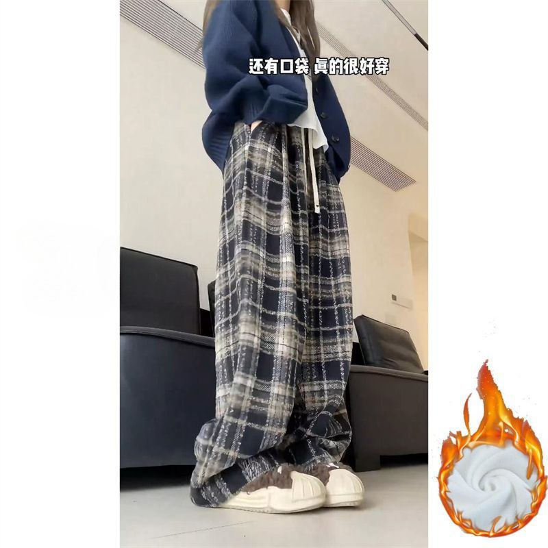 Women's Autumn and Winter Thickened High Waist Retro Casual Pants with Plush Plaid Pants, Straight Tube Floor Slimming Narrow Edition Wide Leg Pants