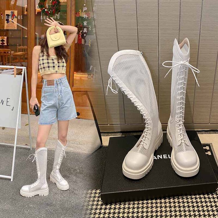 Boot lưới da thật cổ cao đế dày thoáng khí mùa xuân hè phong cách kỵ sĩ buộc dây — Màu nâu ống lớn, Màu đen cổ ống lớn, Ống nhỏ màu đen, Ống nhỏ màu be chi tiết 105