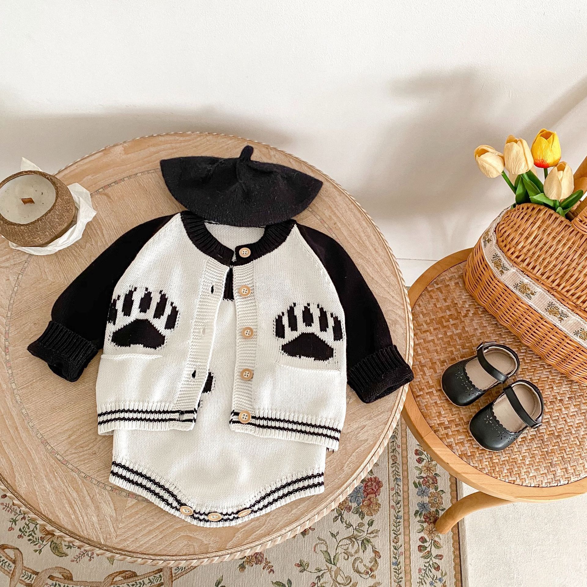 Baba kisgyermek őszi ruhák 2024 férfi és női baba pulóverek panda jacquard kötött hosszú ujjú felső szett_voghion.com