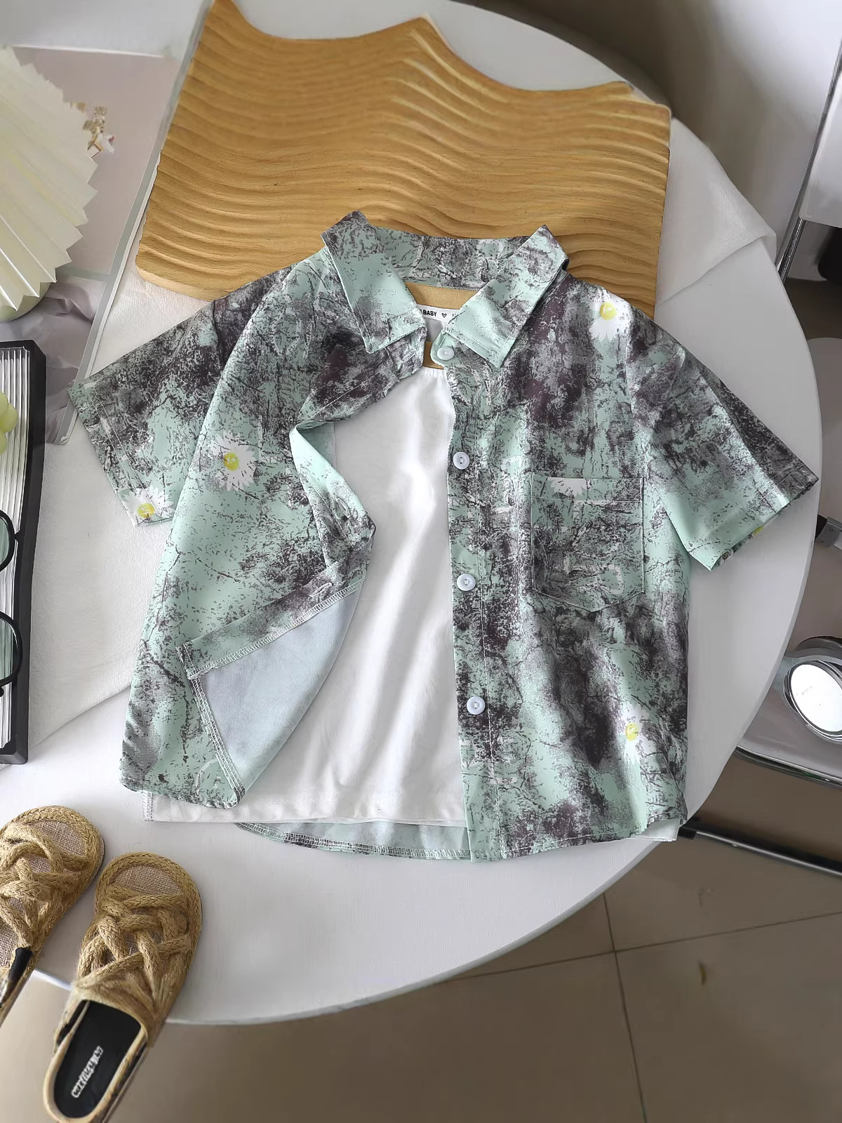 Verano bebés vacaciones de viento impresión puerto viento de manga corta suelta camisa para niños camisa para niños