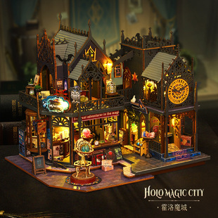 Hollow Magic City Wooden DIY Cabin with Lights Handmade Miniature House Harry Desktop Ornaments Potter Gifts