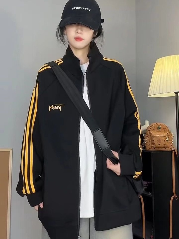 复古美式立领三条杠卫衣外套女春秋新款宽松休闲棒球运动夹克上衣|undefined