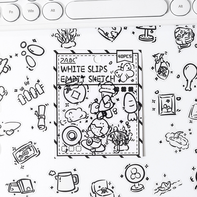 Paquete de pegatinas de pet transparente impermeable de pintura simple en blanco y negro, pegatinas de diario de cuentas de bricolaje, elementos en blanco y negro, papel de vida de dibujos animados