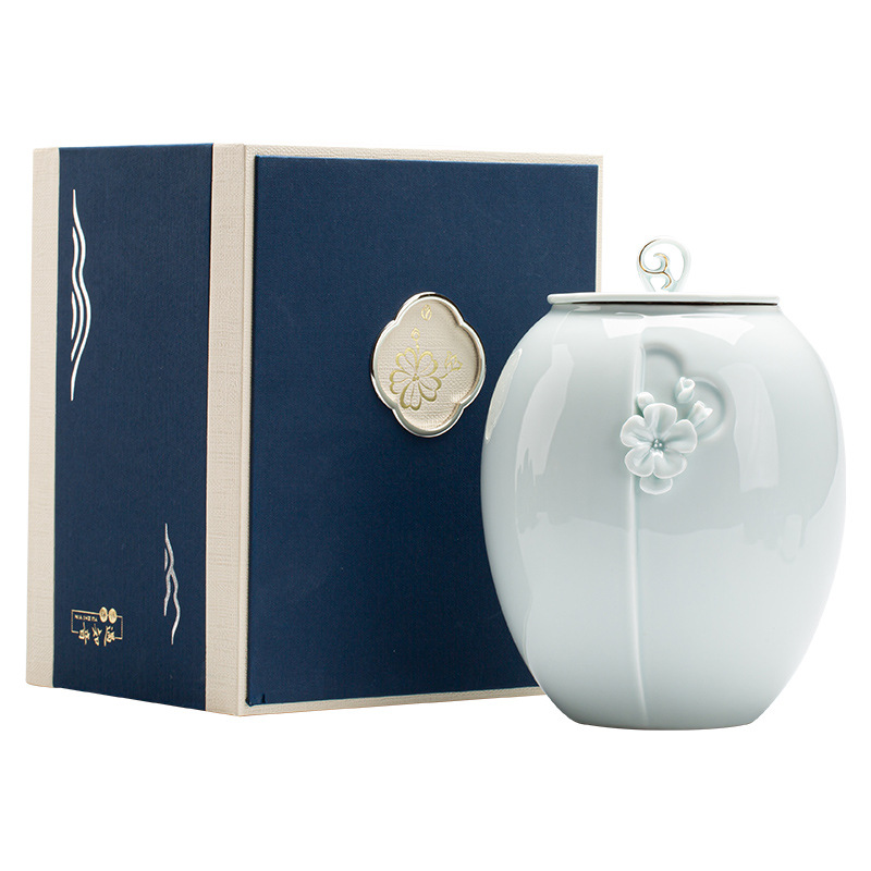 A5L茶葉罐陶瓷大號青瓷手工捏花描金空禮品盒包裝家用茶倉