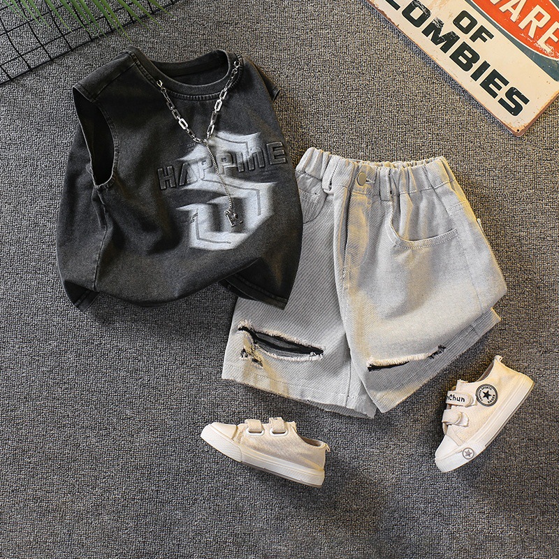 7338 Traje de verano para niños 2025 Nuevo chaleco sin mangas de estilo occidental para niños Verano delgado Versión coreana de dos piezas Verano