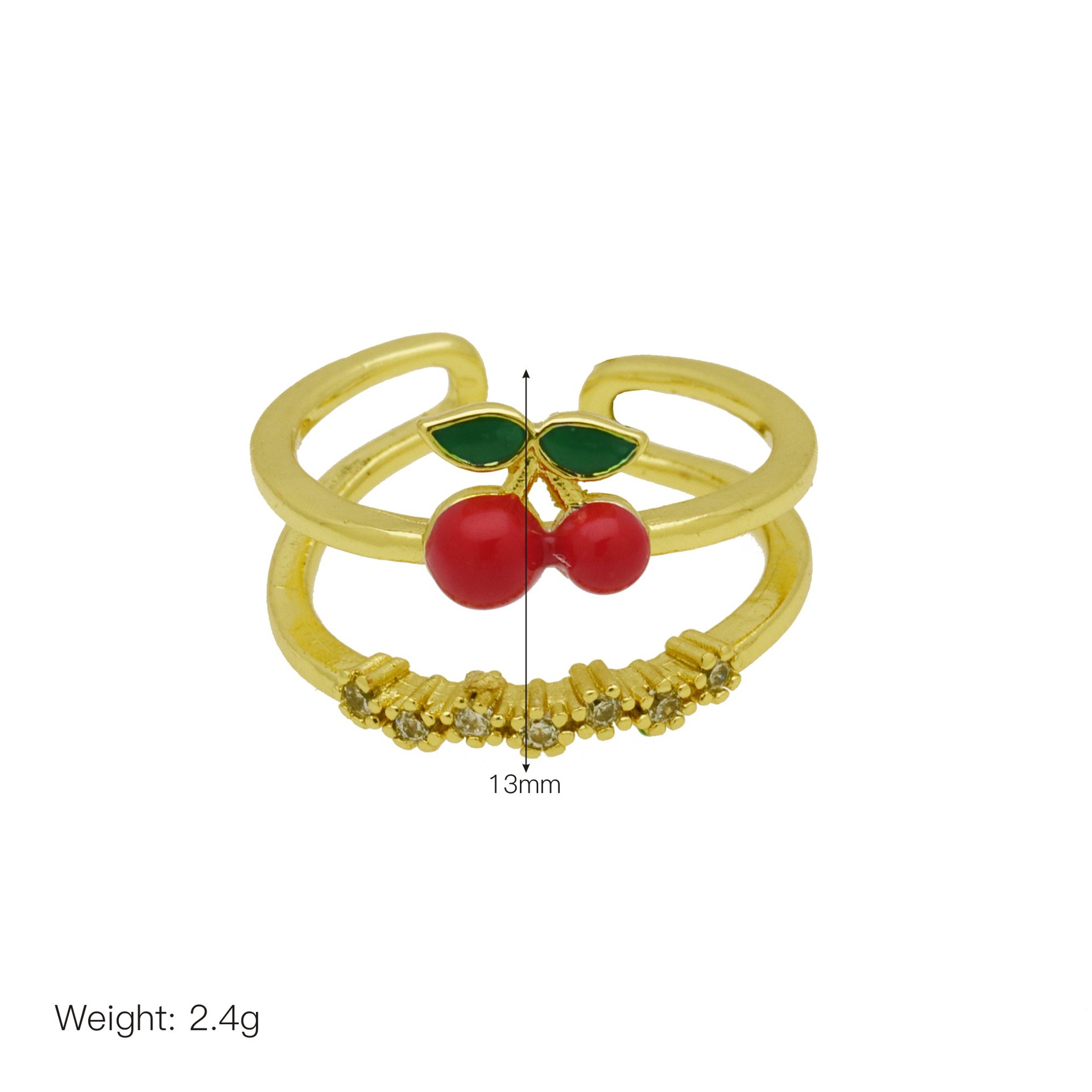 Adjustable Ring Size Wholesale Jewelry Cute Lady Cherry Copper 18K Gold Plated Enamel Open Rings