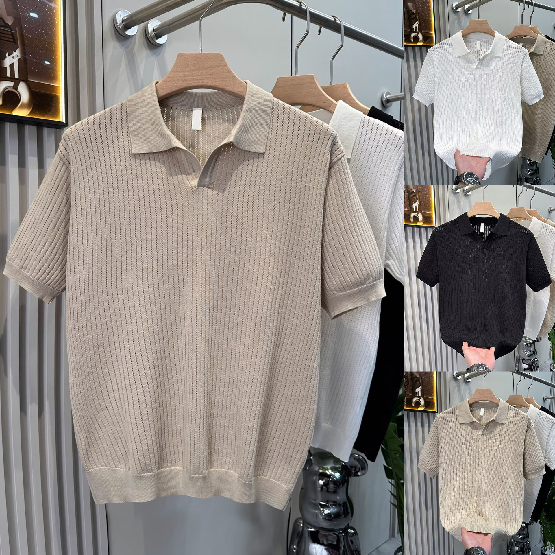 Camisas de polo de manga corta de estilo antiguo, camisetas de punto de cuello en V de hombre, camisetas de textura hueca de gaviota, fábrica de verano al por mayor.