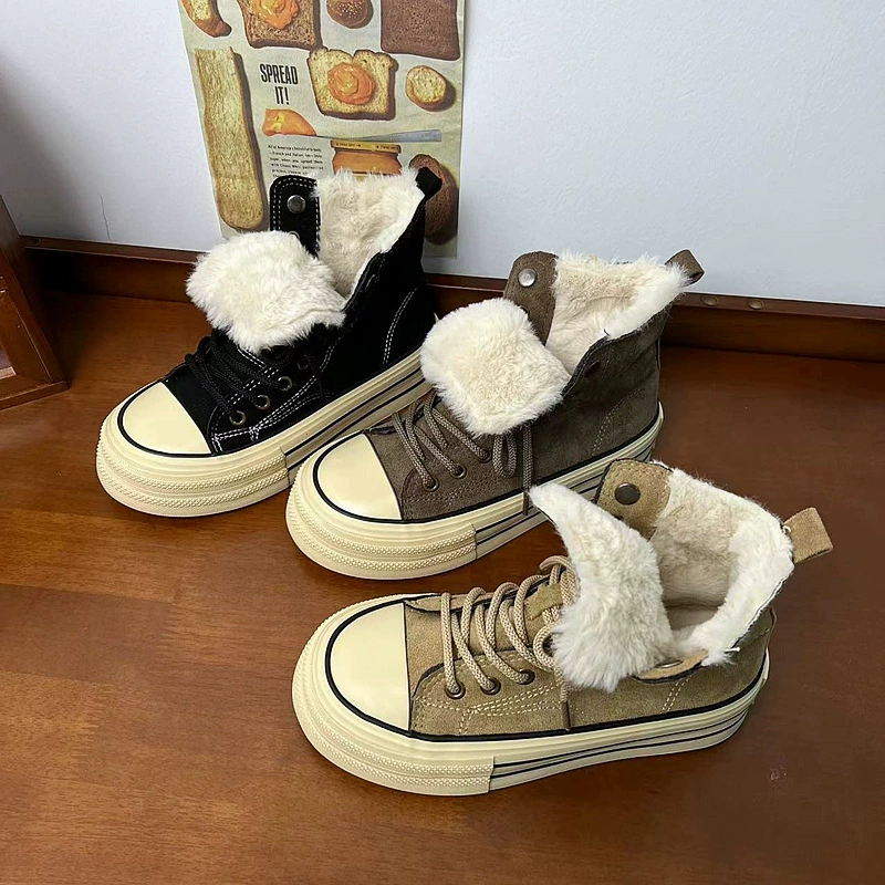 2023 осенне-зимние новые высокие туфли, женская зимняя повседневная обувь на двусторонней толстой подошве на флисовой подкладке, пушистая обувь с круглым носком и фланцевой подкладкой, обувь на хлопковой подкладке