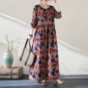 2025 Real Shot of Early Spring New Style Holiday Style Travel Round Neck Retro Long Skirt Covering Flesh Cotton and Linen Dress