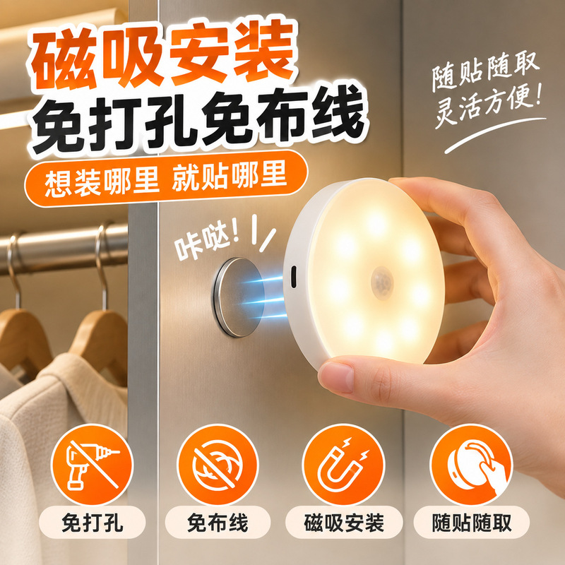 Human-sensing LED wardrobe light, wireless magnetic design, long battery life, light-controlled, for bedroom use, and can be installed without drilling holes Human-sensing LED wardrobe light, wireless magnetic design, long battery life, light-controlled, for bedroom use, and can be installed without drilling holes