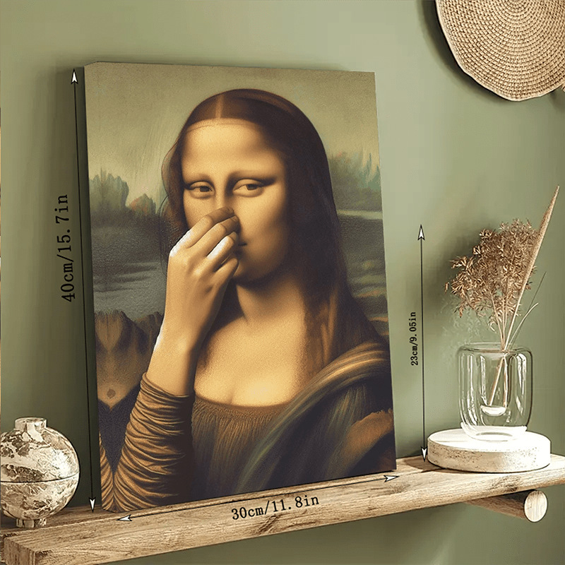 Interesting Mona Lisa Art Parody of Classic Oil Paintings, Humorous Twisted Wooden Frame Wall Canvas Painting