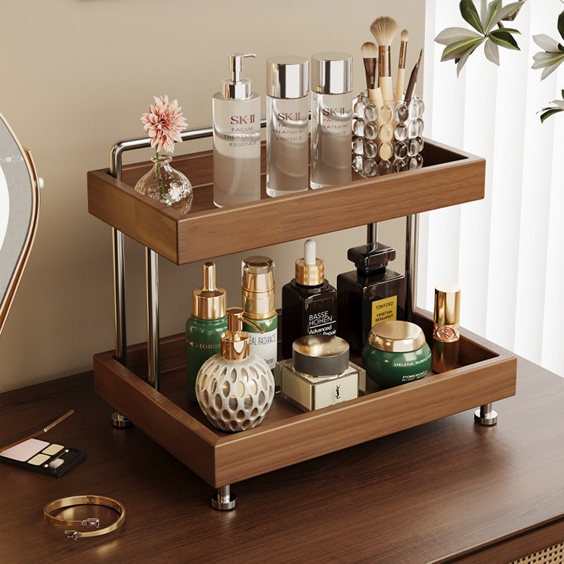 Caja de almacenamiento de escritorio梳妆台 joyería productos de cuidado de la piel perfumes lápiz labial estante de almacenamiento de doble capa de madera maciza estante de almacenamiento de cosméticos