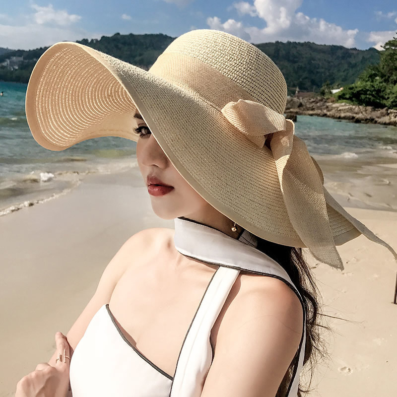 レースリボン大きなつば麦わら帽子 2025 新しい海辺のビーチ日焼け止め帽子女性の美しい日よけ帽子|undefined