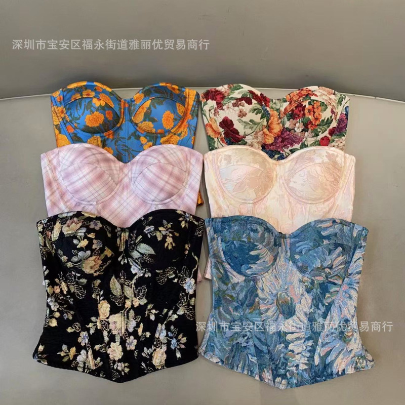 New vintage print lace-up corset with floral design, niche strapless slim-fit tank top with chest pads New vintage print lace-up corset with floral design, niche strapless slim-fit tank top with chest pads