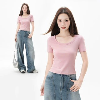 莱赛尔圆领正肩短袖t恤女2025夏季新款修身显瘦大领口百搭上衣潮