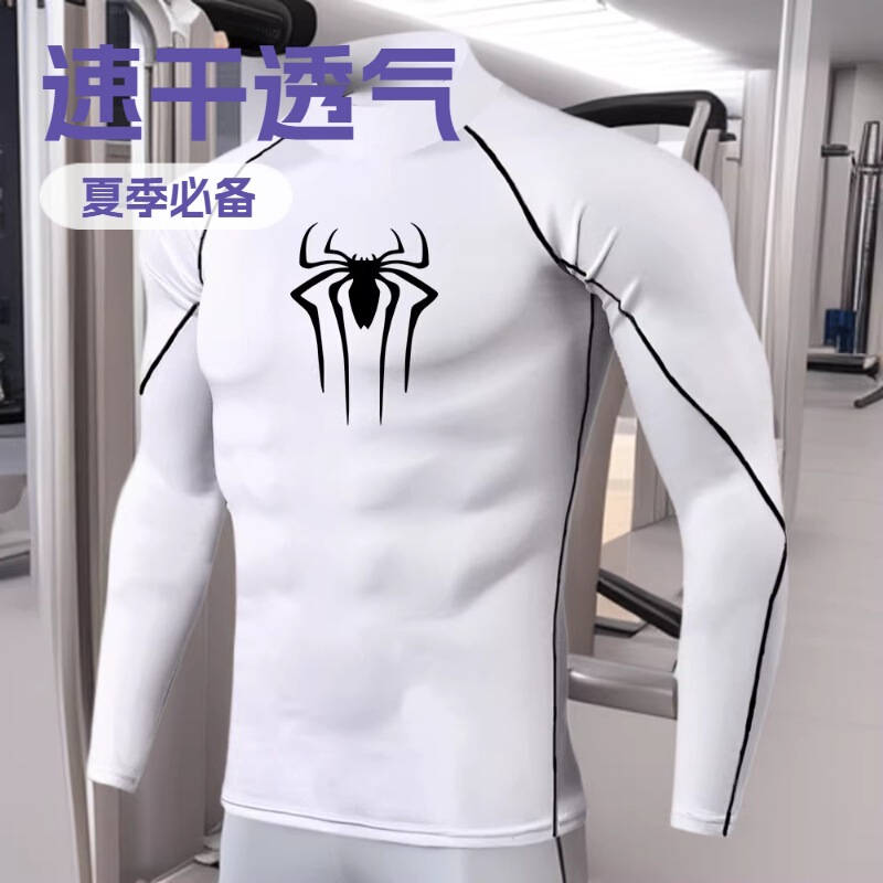 Men's Long-Sleeved Tight-Fitting Sports T-Shirt with Spider-Man Print, Quick-Drying, Breathable Fitness Training Wear, Elastic High-Neck Base Layer Men's Long-Sleeved Tight-Fitting Sports T-Shirt with Spider-Man Print, Quick-Drying, Breathable Fitness Training Wear, Elastic High-Neck Base Layer