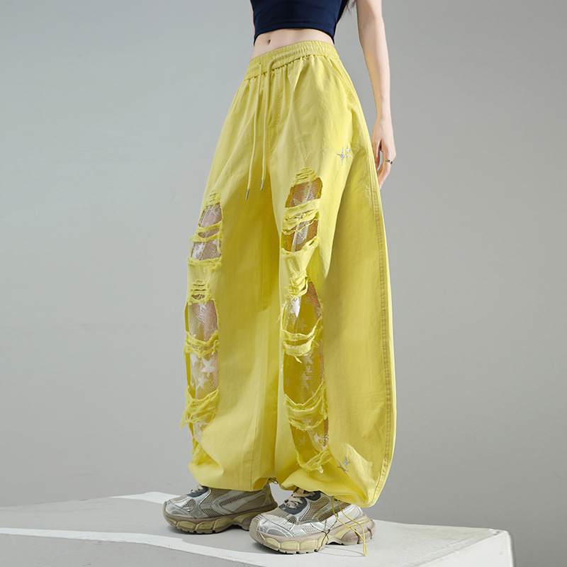 Ripped Lace Stitching Matchet Pants Fashion Wide-leg Casual Pants